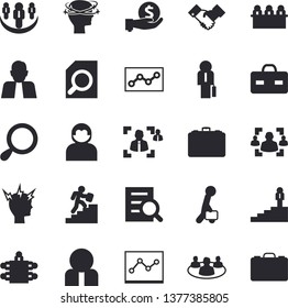 Solid vector icon set - case flat vector, person, investments, briefcase, headache, teamwork, recruitment, magnifier, point diagram, meeting, agreement, businessman, career ladder, user