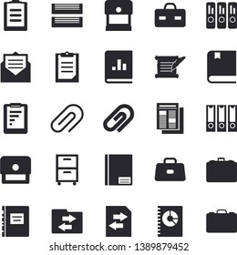 Solid vector icon set - case flat vector, graphic report, news, book balance accounting, briefcase, clipboard, notebook, clip, folder, paper tray, archive, stamp, hostory roll, textbook, message