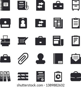 Solid vector icon set - case flat vector, graphic report, news, briefcase, clipboard, notebook, clip, document, folder, paper tray, copy machine, archive, contract, stamp, hostory roll, textbook