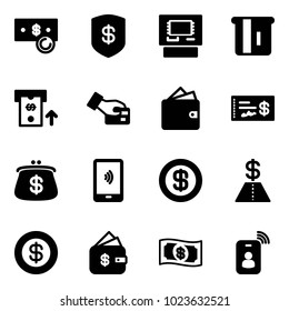 Solid vector icon set - cash vector, safe, atm, card pay, wallet, check, purse, mobile payment, dollar, finance management, money, identity