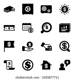 Solid vector icon set - cash vector, safe, dollar sun, calendar, money search, statistics report, flag, investment, card pay, click, account history, home, dialog