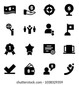 Solid vector icon set - cash vector, investment, target, money tree, world, team leader, winner, flag, gold medal, star, certificate, doors, check, finance management, dialog, flying man