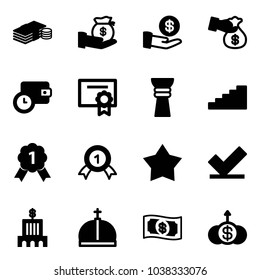 Solid vector icon set - cash vector, investment, encashment, wallet time, certificate, award, stairs, gold medal, star, check, bank building, crown, money, dollar growth