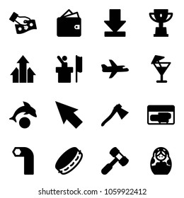 Solid vector icon set - cash pay vector, wallet, download, win cup, arrows up, speaker, plane, drink, dolphin, cursor, axe, generator, allen key, tambourine, toy hammer, russian doll