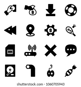 Solid vector icon set - cash pay vector, encashment, download, lifebuoy, fast backward, map pin, money managemet, badminton, sim, wi fi router, delete, chat, hdd, allen key, yoyo, dart