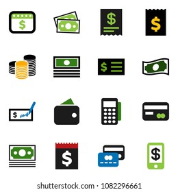 solid vector icon set - cash vector, coin stack, check, receipt, dollar calendar, money, credit card, wallet, reader, tap pay