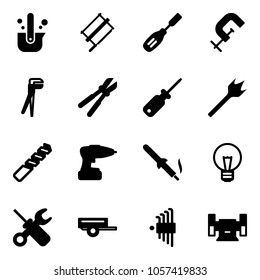 Solid vector icon set - casting of steel vector, bucksaw, chisel, clamp, plumber, bolt cutter, screwdriver, wood drill, soldering iron, bulb, wrench, trailer, allen key set, sharpening