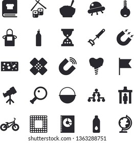 Solid vector icon set - cauldron flat vector, apron, whisk, cookbook, cheese, porridge, fish rolls, mustard, magnet, book balance accounting, patch, implant, cpu, magnifier, ufo, telescope, bicycle