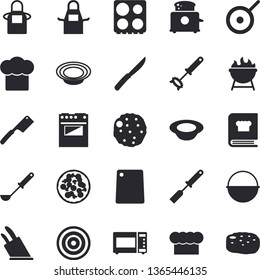 Solid vector icon set - cauldron flat vector, teflon, cook hat, apron, ladle, kitchen spatula, whisk, knives, cutting board, electric stove, induction cooker, microwave, toaster, cookbook, barbecue
