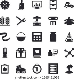Solid vector icon set - cauldron flat vector, cookbook, glass jar, well, secateurs, paint brush, cogwheel, energy saving lamp, present, diagnostics, computer chart, abacus, calculator, meeting, ear