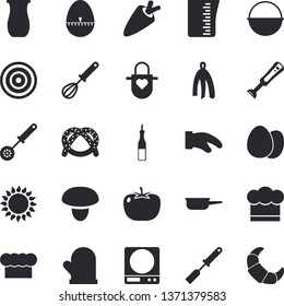 Solid vector icon set - cauldron flat vector, saute, weighing machine, meashuring cup, cook hat, apron, potholder, kitchen spatula, spoon, whisk, egg timer, towel, induction cooker, gas, blender