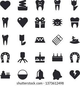 Solid vector icon set - cauldron flat vector, cake, horseshoe, tulip, present, heart, virus, tooth, caries, dental crowns, office worker, surfing  aquapark, inflatable mattress, taxi, bell