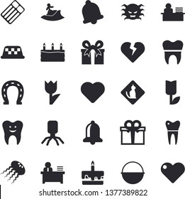 Solid vector icon set - cauldron flat vector, cake, horseshoe, tulip, present, heart, virus, tooth, dental crowns, office worker, surfing fector, pets allowed, inflatable mattress, taxi, jellyfish