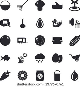 Solid vector icon set - cauldron flat vector, hiking pot, egg, onion, carrot, mushroom, cutlet, hot peppers, cucumber, fish, orange, fertilizer vectory, flower, rake, hose irrigation, rain, bench