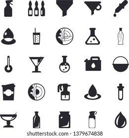 Solid vector icon set - cauldron flat vector, temperature, lemonade, cocktail, soda, coffe, pulverizer, drop, canister, glass bottles, funnel, pipette, ampoule, flask, beakers