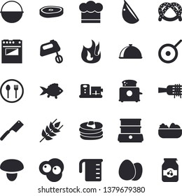 Solid vector icon set - cauldron flat vector, teflon, meashuring cup, cook hat, knives, electric stove, fire, toaster, mixer, double boiler, food processor, egg, dish, table setting, mushroom, fish