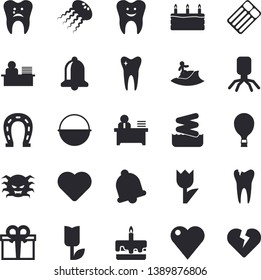 Solid vector icon set - cauldron flat vector, cake, horseshoe, tulip, present, heart, virus, tooth, caries, office worker, balloon fector, surfing, aquapark, inflatable mattress, jellyfish, bell