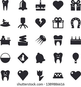 Solid vector icon set - cauldron flat vector, cake, horseshoe, tulip, present, heart, virus, tooth, caries, dental crowns, office worker, balloon fector, surfing, aquapark, pets allowed, taxi, bell