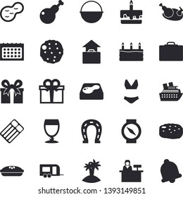 Solid vector icon set - cauldron flat vector, cake, pie, chicken, cutlet, wine, horseshoe, pond, pool, calendar, present, swimsuit, trailer fector, suitcase, hand luggage, island, reception desk