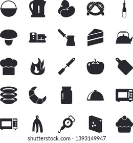 Solid vector icon set - cauldron flat vector, cake, teapot, electric kettle, spring balance, cook hat, kitchen spatula, towel, cutting board, turk, fire, microwave, food processor, groats, glass jar