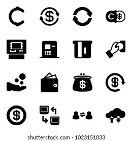 Solid vector icon set - cent vector, dollar exchange, euro, atm, cash pay, wallet, purse, reload, data, information, cloud