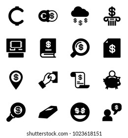 Solid vector icon set - cent vector, euro dollar, money rain, bank, atm, annual report, search, account statement, pin, cash pay, history, piggy, gold, smile, dialog