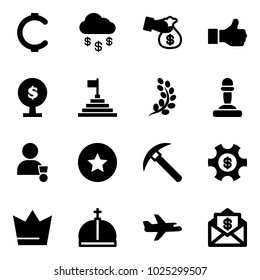 Solid vector icon set - cent vector, money rain, encashment, like, tree, pyramid flag, golden branch, pawn, winner, star medal, rock axe, managemet, crown, plane, mail dollar
