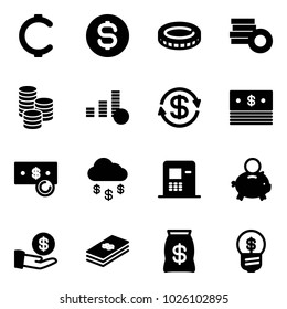 Solid vector icon set - cent vector, dollar coin, exchange, cash, money rain, atm, piggy bank, investment, bag, business idea