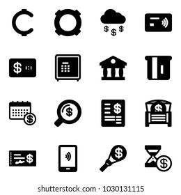 Solid vector icon set - cent vector, currency, money rain, tap pay, credit card, safe, bank, atm, calendar, search, account statement, chest, check, mobile payment, torch, history