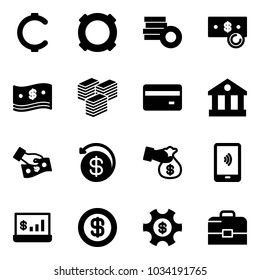 Solid vector icon set - cent vector, currency, coin, cash, big, credit card, bank, pay, money back, encashment, mobile payment, account statistics, dollar, managemet, case