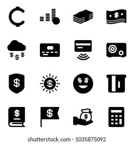 Solid vector icon set - cent vector, coin, dollar, cash, money rain, credit card, tap pay, safe, sun, smile, atm, annual report, flag, investment, calculator