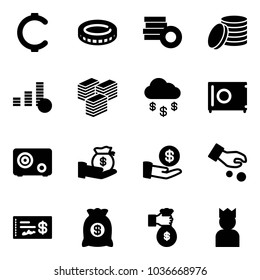 Solid vector icon set - cent vector, coin, big cash, money rain, safe, investment, check, bag, rich, king