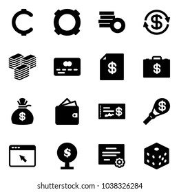 Solid vector icon set - cent vector, currency, coin, dollar exchange, big cash, credit card, account statement, money case, bag, wallet, check, torch, cursor browser, tree, certificate, bones
