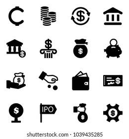 Solid vector icon set - cent vector, coin, dollar exchange, bank, account, money bag, piggy, investment, wallet, check, tree, ipo, rich, managemet