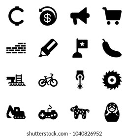 Solid vector icon set - cent vector, money back, loudspeaker, cart, brick wall, highlight marker, flag, banana, pool, bike, laser, saw disk, excavator toy, gamepad, horse, russian doll
