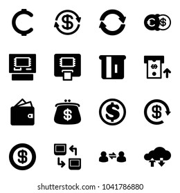 Solid vector icon set - cent vector, dollar exchange, euro, atm, wallet, purse, reload, data, information, cloud