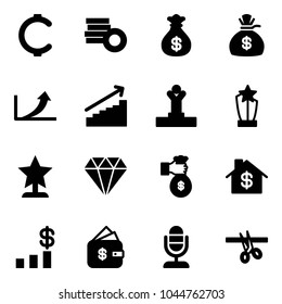 Solid vector icon set - cent vector, coin, money bag, growth arrow, winner, award, diamond, rich, home dollar, chart, finance management, microphone, opening