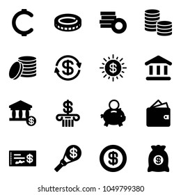 Solid vector icon set - cent vector, coin, dollar exchange, sun, bank, account, piggy, wallet, check, money torch, bag