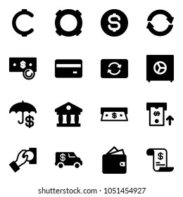 Solid vector icon set - cent vector, currency, dollar coin, exchange, cash, credit card, safe, insurance, bank, atm, pay, encashment car, wallet, account history