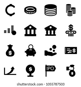 Solid vector icon set - cent vector, coin, bank, money bag, piggy, cash pay, check, growth arrow, tree, ipo, rich