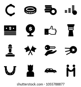 Solid vector icon set - cent vector, coin, dollar, money tree, finger up, award, pawn, flags cross, key hand, first satellite, luck, king, limousine, agreement