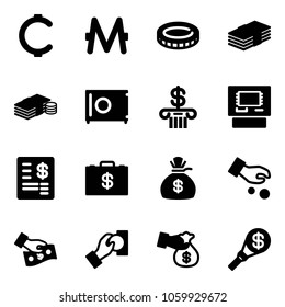 Solid vector icon set - cent vector, monero, coin, dollar, cash, safe, bank, atm, account statement, money case, bag, investment, pay, encashment, torch