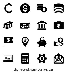 Solid vector icon set - cent vector, dollar coin, credit card, bank, money case, flag, pin, piggy, investment, account statistics, calculator, managemet, mail