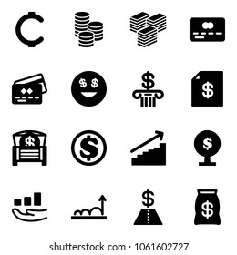Solid vector icon set - cent vector, coin, big cash, credit card, dollar smile, bank, account statement, money chest, growth, tree, bag