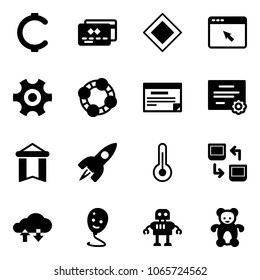 Solid vector icon set - cent vector, credit card, main road sign, cursor browser, gear, friends, schedule, certificate, pennant, rocket, thermometer, data exchange, cloud, balloon smile, robot