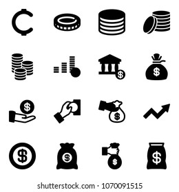 Solid vector icon set - cent vector, coin, account, money bag, investment, cash pay, encashment, growth arrow, dollar, rich