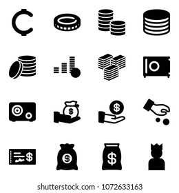 Solid vector icon set - cent vector, coin, big cash, safe, investment, check, money bag, king