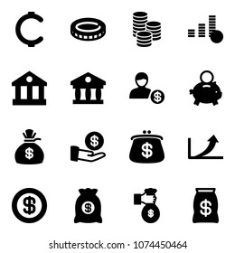 Solid vector icon set - cent vector, coin, bank, account, piggy, money bag, investment, purse, growth arrow, dollar, rich