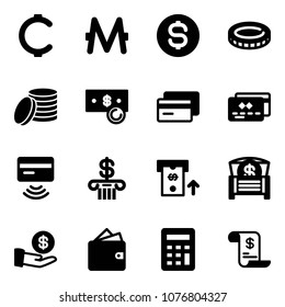 Solid vector icon set - cent vector, monero, dollar coin, cash, credit card, tap pay, bank, atm, money chest, investment, wallet, calculator, account history