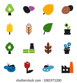solid vector icon set - cereal vector, potato, leaf, cereals, tulip, pond, fruit tree, flower in pot, factory